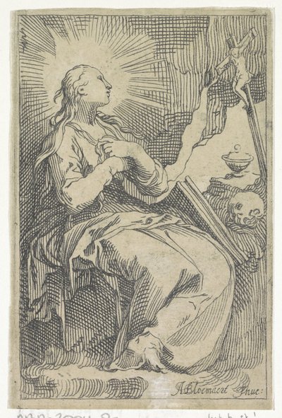 Boetvaardige Maria Magdalena in de grot voor een crucifix door Boëtius Adamsz. Bolswert