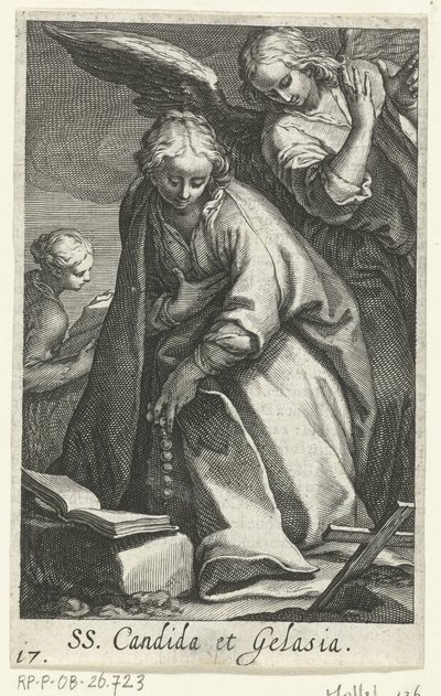 Heilige Candida en heilige Gelasia als kluizenaressen met engel door Boëtius Adamsz. Bolswert