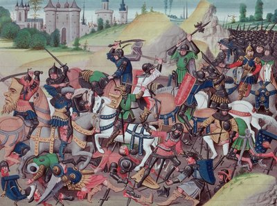 Slag tussen Saracenen en Christenen tijdens de kruistochten, uit Chroniques des empereurs door David Aubert, 1462 door Brabant School