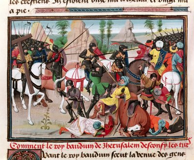 De slag tussen koning Baldwin I (c.1058-1118) en de Turken, uit Chroniques des empereurs door David Aubert, 1462 door Brabant School