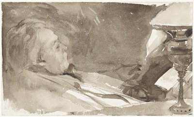Portret van Alphons Marie Antoine Joseph Grandmont, lezend bij een lamp door Bramine Hubrecht