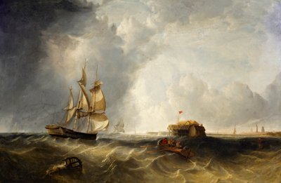 Een zeilschip en een roeiboot voor Calais door British School