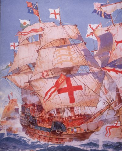 Ark Royal vecht tegen de Spaanse Armada in 1588 door British School