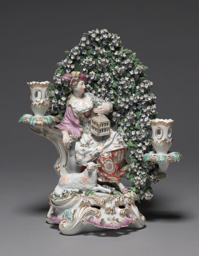 Kandelaar met herderin, fabrikant Derby Porcelain Factory door British School