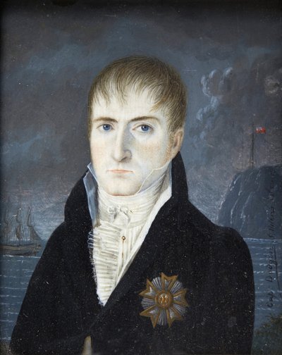 Keizer op het eiland Sint-Helena - Portret van Keizer Napoleon 1e zonder hoed, in zwarte kleding, met het insigne van de grote adelaar van de Orde van het Legioen van Eer door Kapitein Dodgin (actief) door British School