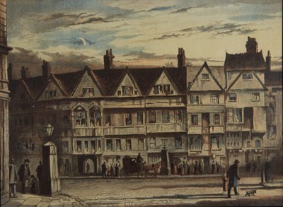 Holborn Bars, gekocht en gerestaureerd door Prudential Assurance Co, ca. 1884 (kleur litho) door British School