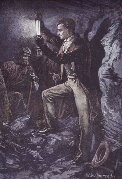 Humphry Davy met Davy veiligheidslamp voor mijnwerkers, uitgevonden in 1815 (handgekleurde houtsnede) door British School