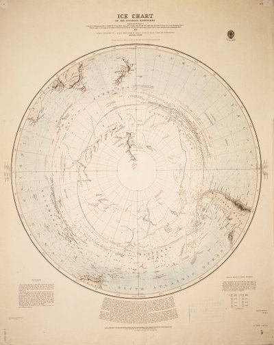IJskaart van het zuidelijk halfrond samengesteld uit de reizen van Cook 1772-5, Bellingshausen 1819-21... en Shackleton 1908-9 door British School