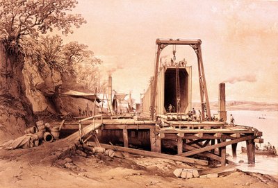 Industriële revolutie: installatie van een prefab brug. Gravure uit 