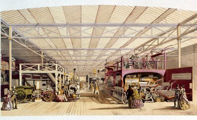 Industriële revolutie: binnenaanzicht van het landbouwmachineriepaviljoen in het Crystal Palace, gebouwd door Joseph Paxton voor de Wereldtentoonstelling van 1851 in Londen (Hyde Park) 19e eeuw door British School