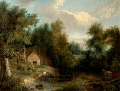 Landschap, huisje en een stroom met een figuur en een huis door British School