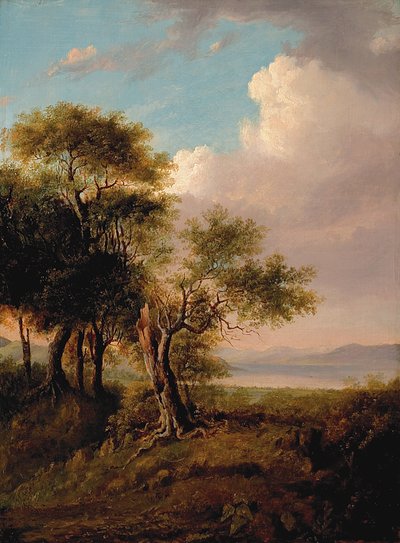 Landschap, bomen op de voorgrond, meer en heuvels in de verte door British School