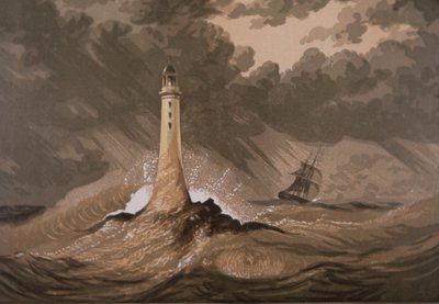 Vuurtoren waarschuwt schepen voor rotsen in storm op zee door British School