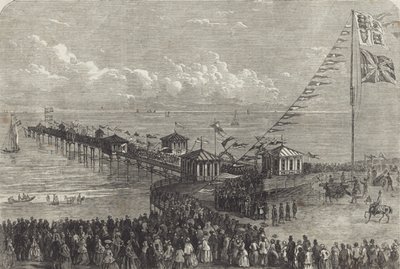 Opening van een Britse pier aan zee (gravure) door British School