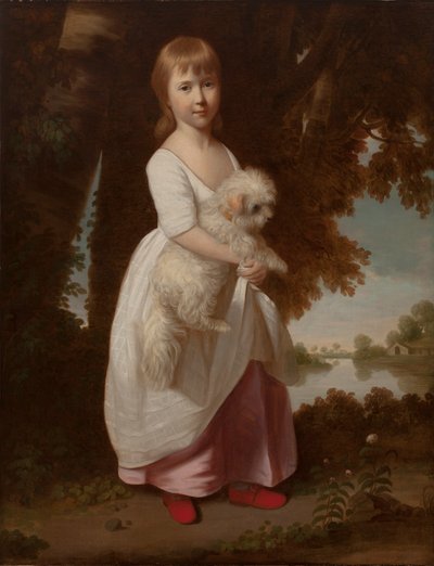 Portret van een meisje met een Maltese spaniël door British School