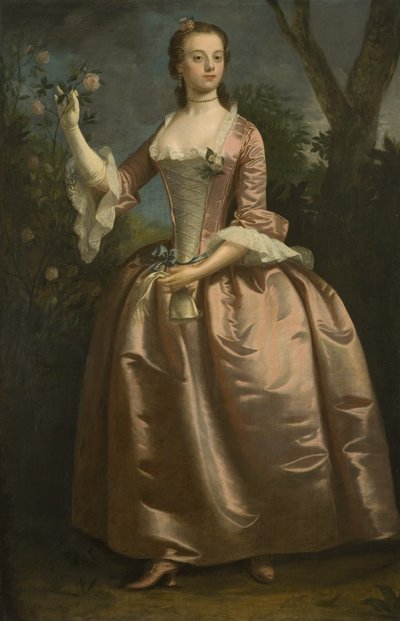 Portret van een dame in een roze jurk door British School