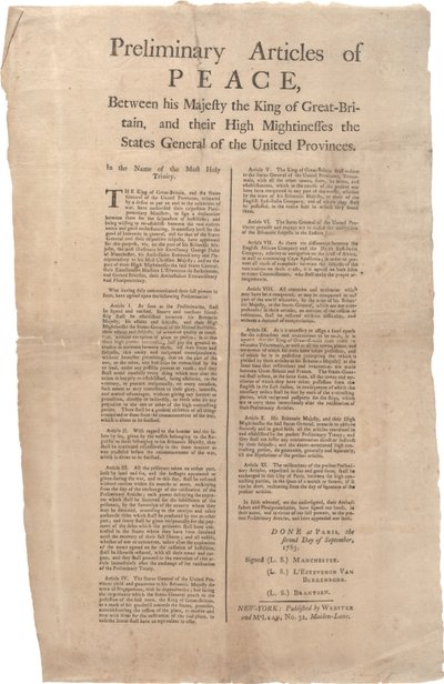 Voorlopige vredesartikelen tussen...Groot-Brittannië en...de Verenigde Provinciën, 02 september 1783 door British School