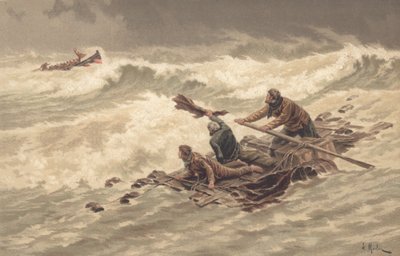 Zeelieden klampen zich vast aan wrakstukken op zee (kleur litho) door British School