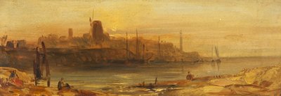 Zonsondergang: Haven en Vuurtoren, ca. 1825 door British School