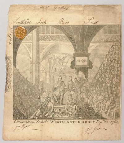 Ticket voor de Kroningsceremonie van George III in Westminster Abbey, gegraveerd door George Bickham, 22 september 1761 door British School