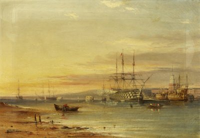 Zicht op de haven van Portsmouth, met H.M.S. 