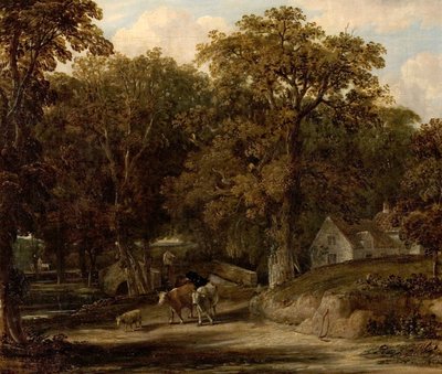 Boslandschap met brug en vee door British School