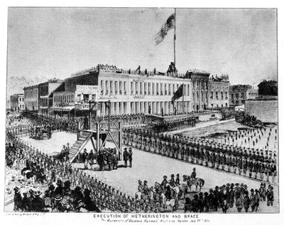 De executie van Hetherington en Brace, Fort Vigilance, Sacramento, Californië, 1856 1937 door Britton and Rey