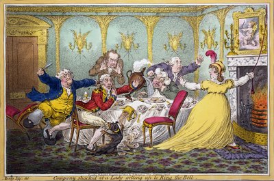 Gezelschap geschokt door een Dame die opstaat om de Bel te luiden, pub. H. Humphrey, Londen, 1804 door Brownlow North