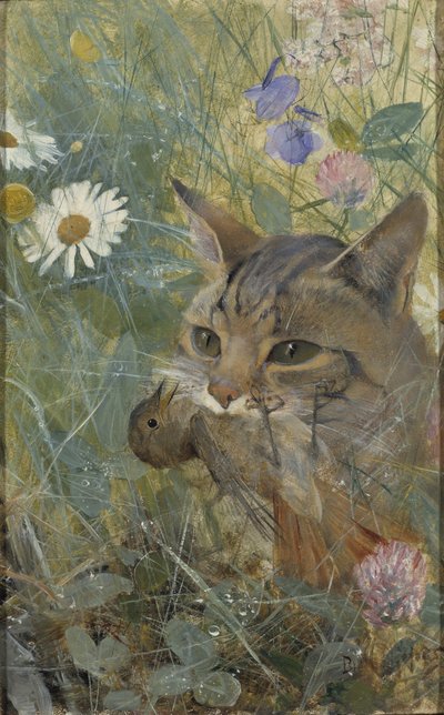 Een Kat met een Jonge Vogel in zijn Bek, 1885 door Bruno Andreas Liljefors