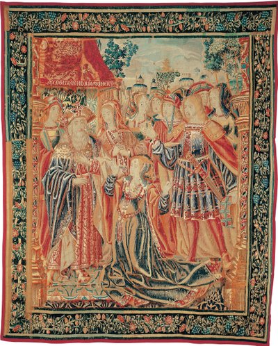 Het verhaal van Troje. Cassandra pleit bij Priamus om gratie voor Paris, ca. 1520 door Brussels Manufactory