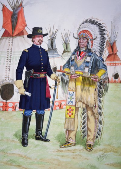 Opperhoofd Red Cloud van de Oglala Sioux biedt een vredespijp aan aan een officier van het 5e Regiment US Cavalerie bij de ondertekening van het Fort Laramie Verdrag van 1868, uit een set van zes tableaus door Bryan Fosten