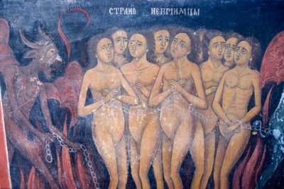 Bulgarije, Rila Klooster, fresco in de kerk van de Geboorte van de Maagd door Bulgarian School