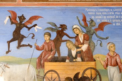 Bulgarije, Rila Klooster, fresco in de kerk van de Geboorte van de Maagd door Bulgarian School