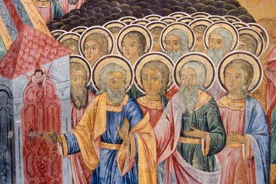 Bulgarije, Rila Klooster, fresco in de kerk van de Geboorte van de Maagd door Bulgarian School