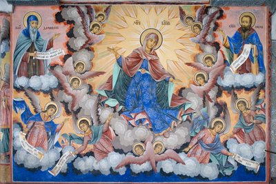 Bulgarije, Rila-klooster, fresco van de Glorie van de Maagd in de kerk van de Geboorte van de Maagd door Bulgarian School