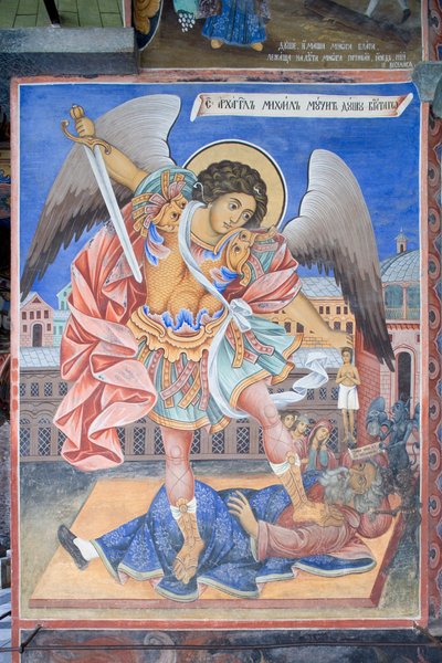 Bulgarije, Rila-klooster, fresco van St. Michael Aartsengel in de kerk van de Geboorte van de Maagd door Bulgarian School