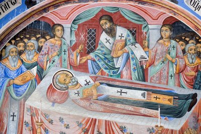 Bulgarije, Rila Klooster, begrafenisfresco in de kerk van de Geboorte van de Maagd door Bulgarian School