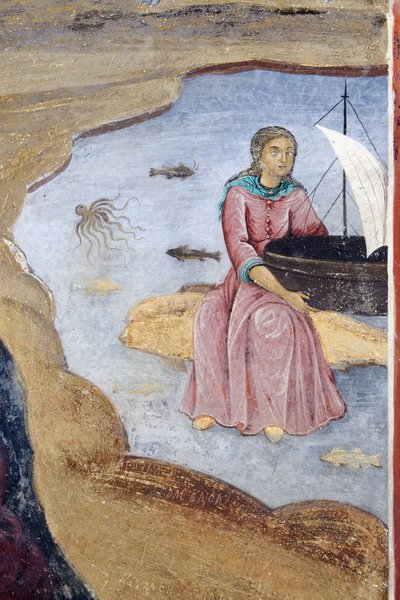 Bulgarije, Rila Bergen, Rila Klooster, close-up van fresco detail in Kerk van Geboorte van de Maagd door Bulgarian School