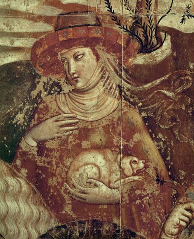 Een elegante dame met een klein hondje in haar armen ... (fresco) door Buonamico Buffalmacco