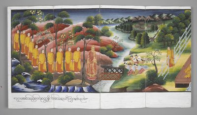 Monniken die een rivier oversteken, Scènes uit het leven van Boeddha door Burmese School