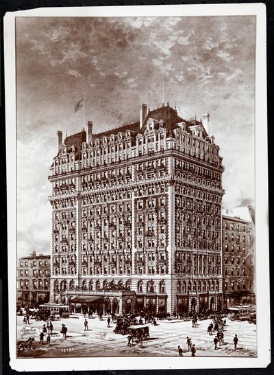 Foto van een tekening van Hotel Knickerbocker, zuidoostelijke hoek, 42nd Street en Broadway, New York, 1900, door Hughson Frederick Hawley (1850-1936), gedrukt in 1902 door Byron Company