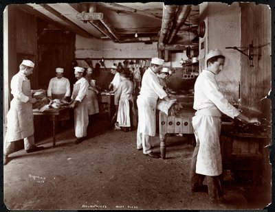 Het vleeshuis in Hotel Delmonico, 1902 (zilveren gelatin afdruk) door Byron Company