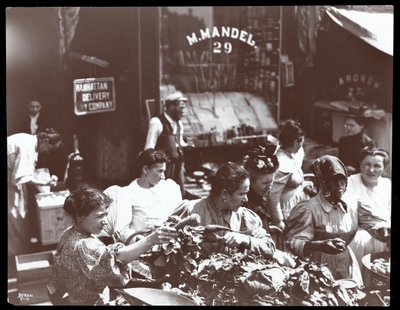 Uitzicht op vrouwen die groenten kopen van een straatventer op Hester Street, New York, 1898 door Byron Company