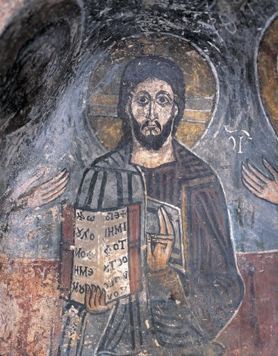 Close-up van een fresco van een pantocrator, Christus Pantocrator, Zoupena, Sparta, Peloponnesos, Griekenland door Byzantine