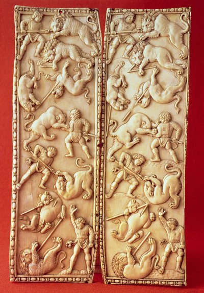 Diptiek met een leeuwenjachtscène door Byzantine
