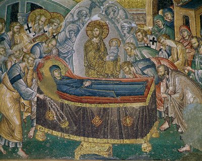 Ontslapen van Maria, fresco in Kariye Camii (St. Sauveur in Chora Kerk, Istanbul, Turkije) door Byzantine