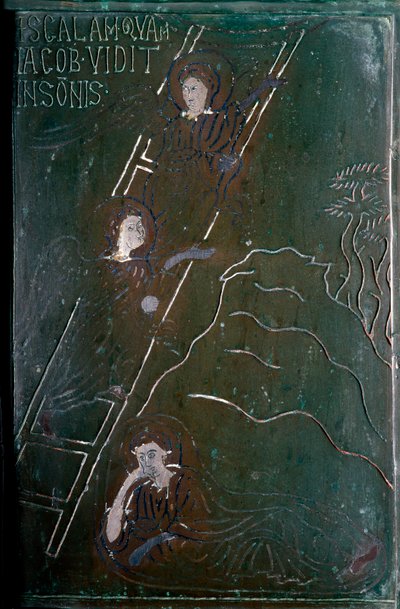 Jacob ziet in een droom de engelen opstijgen en afdalen op de bronzen deurtegeltrap gemaakt in Constantinopel in 1076. Monte Sant 