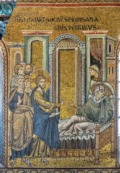 Jezus geneest de schoonmoeder van Simon van koorts, Byzantijns mozaïek, Episodes uit het leven van Christus, XII-XIII eeuw (mozaïek) door Byzantine