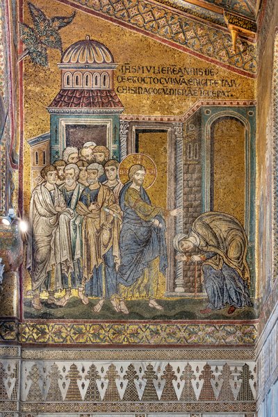 Jezus geneest de gebochelde vrouw van haar bult, Byzantijns mozaïek, Episodes uit het leven van Christus, XII-XIII eeuw door Byzantine