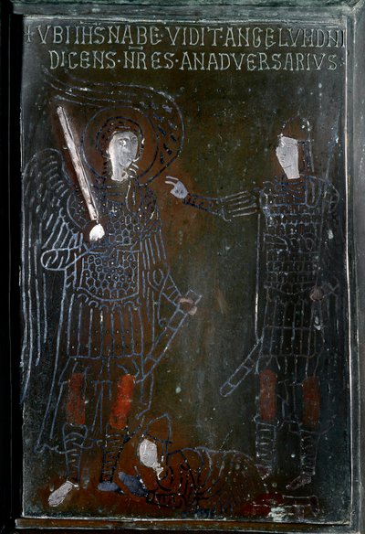 Jozua ontmoet een bronzen deurtegelengel gemaakt in Constantinopel in 1076. Monte Sant 